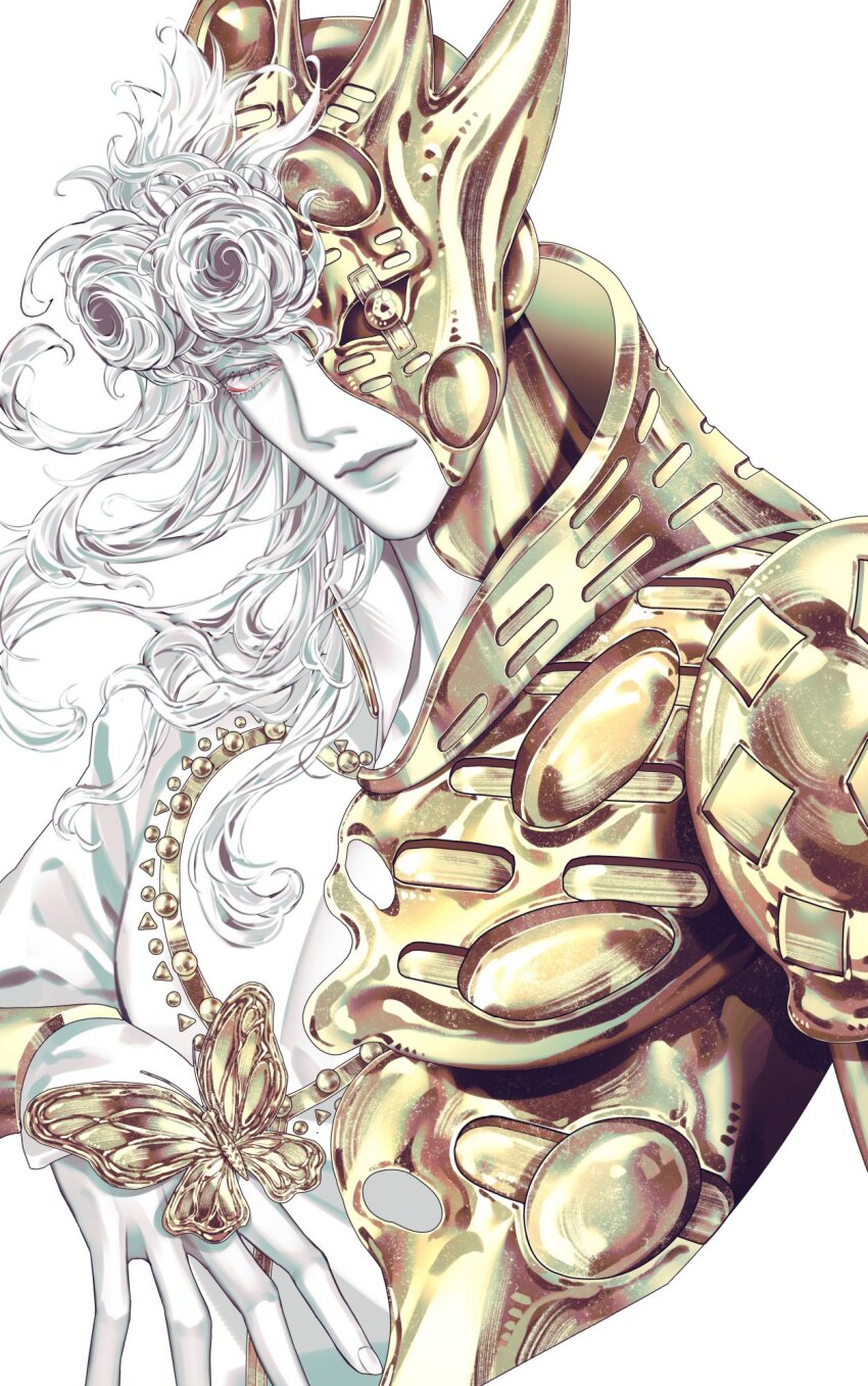 1boy 1other armor bug butterfly butterfly_on_hand clothing_cutout conjoined cropped_torso curly_hair fusion giorno_giovanna gold_experience_requiem grey_eyes highres insect jojo_no_kimyou_na_bouken lips long_hair looking_at_viewer male_focus merging_bodies pectorals solo stand_(jojo) statue upper_body vento_aureo white_background white_hair yellow_butterfly zhhy3324