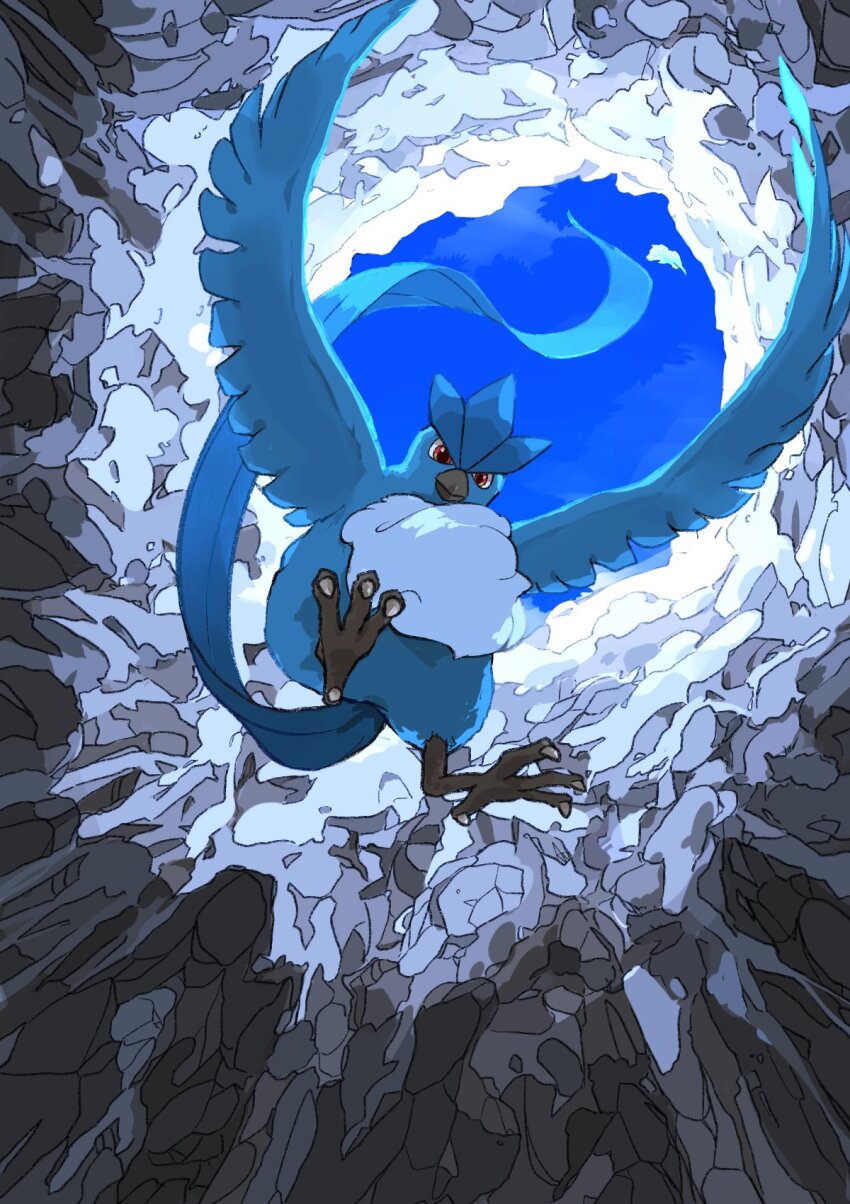 animal_focus aomon_(yuuji7604) articuno bird blue_sky commentary flying from_below gen_1_pokemon glacier highres legendary_pokemon looking_at_viewer looking_down nintendo no_humans outdoors pokemon pokemon_(creature) red_eyes sky talons