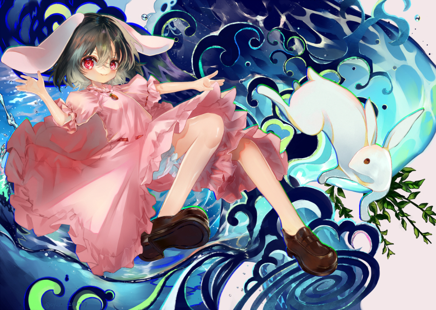 1girl animal_ears black_hair bloomers blush brown_shoes carrot_necklace closed_mouth commentary_request crossed_bangs dress flat_chest floppy_ears frilled_sleeves frills full_body hair_between_eyes highres inaba_tewi jewelry leaf loafers long_bangs looking_at_viewer necklace pink_dress plant puffy_short_sleeves puffy_sleeves rabbit rabbit_ears rabbit_girl red_eyes ribbon-trimmed_dress ribbon_trim shoes short_hair short_sleeves smile solo syukou touhou underwear water white_bloomers