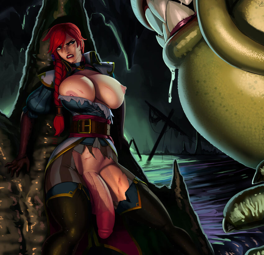 1futa aka6 braid breasts clenched_teeth curvy futanari green_eyes highres huge_breasts huge_penis large_breasts league_of_legends monster one_breast_out penis red_hair red_lips saliva scar scared scratches sharp_teeth sweat tahm_kench teeth torn_clothes veins veiny_penis
