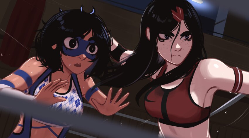 2girls absurdres annoyed black_eyes black_hair blue_eyes body_freckles breasts eye_mask freckles grabbing_another&#039;s_hair hair_ornament hairclip highres kadence_(veyonis) long_hair multiple_girls open_mouth original sports_bra surprised sweat veyonis wide-eyed wrestling wrestling_outfit wrestling_ring yuna_(veyonis)