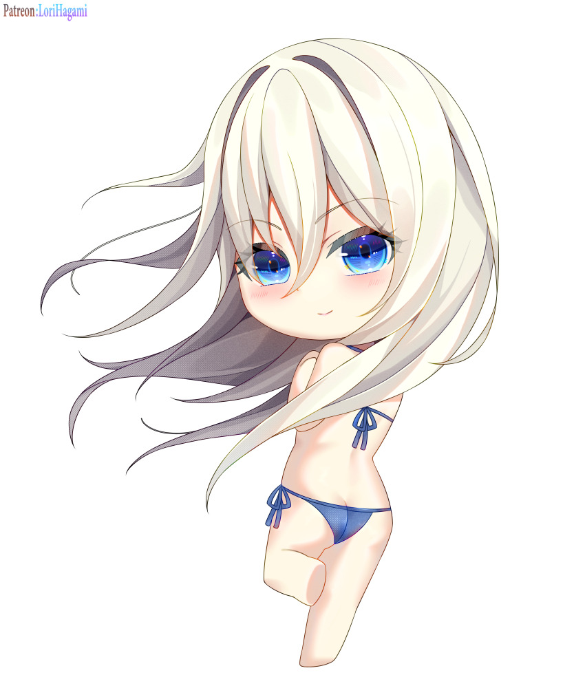 1girl absurdres ass bare_legs bare_shoulders barefoot bikini bikini_bottom_only blue_bikini blue_eyes blush breasts chibi closed_mouth commission commissioner_upload from_behind hair_between_eyes highres long_hair looking_at_viewer looking_back lori_hagami nemezish official_art side-tie_bikini_bottom side-tie_clothing side-tie_swimsuit smile solo standing standing_on_one_leg swimsuit very_long_hair ways_of_darkness_(series) white_hair