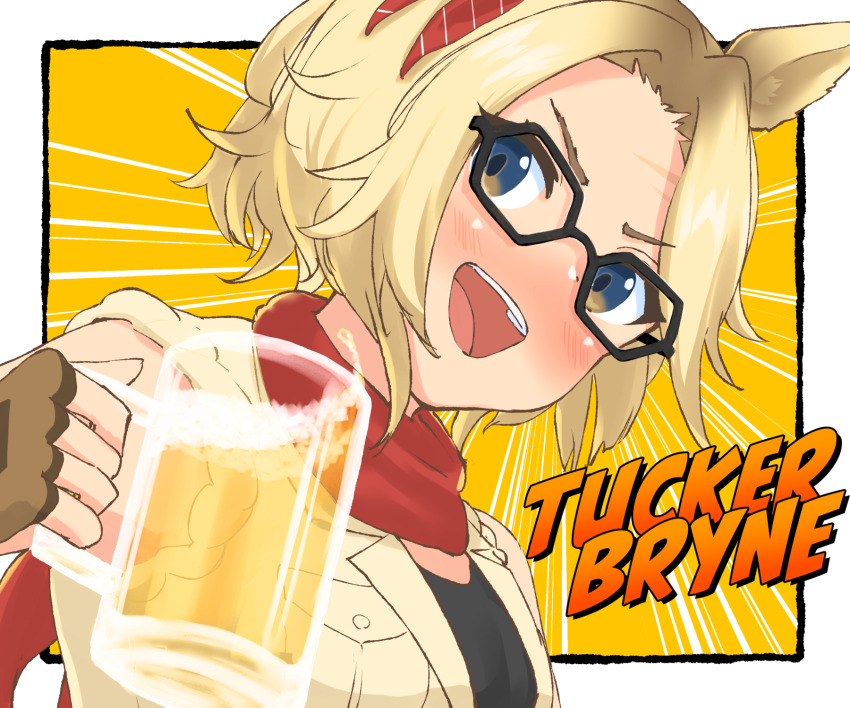 1girl alcohol animal_ears beer black_undershirt blue_eyes blush brown_hair character_name el_dockie fingerless_gloves glasses gloves highres horse_ears horse_girl open_mouth scarf short_hair sleeveless solo teeth tucker_bryne_(umamusume) umamusume upper_body upper_teeth_only