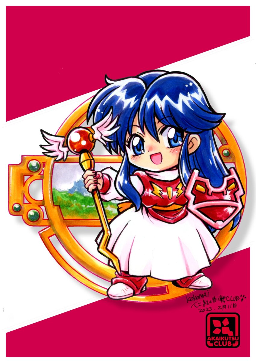 1girl :d blue_eyes blue_hair chibi chibi_only dress freya_jerbain highres holding holding_shield holding_staff kokomahi long_dress long_hair long_sleeves looking_at_viewer open_mouth red_nails shield shoes simple_background smile solo staff white_dress white_shoes xak