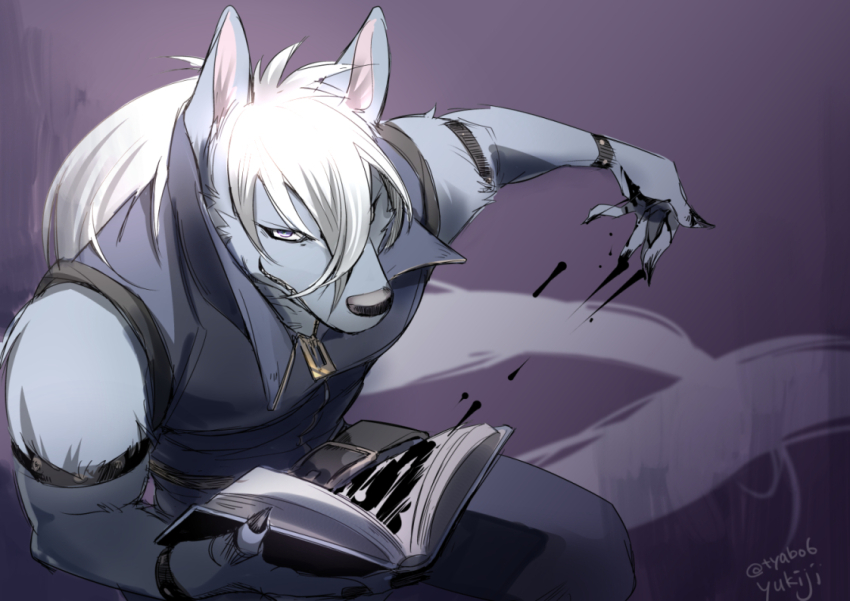 1boy armlet blue_jumpsuit body_fur book claws commentary_request cowboy_shot furry furry_male grey_fur grin high_collar holding holding_book ink jewelry jumpsuit long_hair looking_at_viewer male_focus precure purple_background purple_eyes sleeveless_jumpsuit smile smile_precure! solo studded_armlet tail very_long_hair white_hair wolf_boy wolfrun yukiji_tanaka