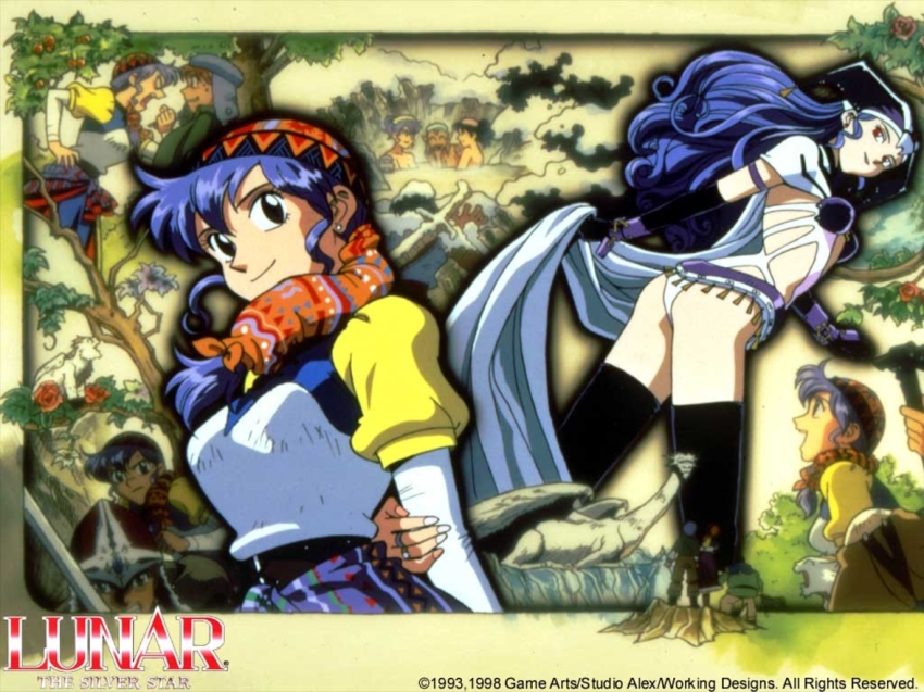 alex_noah althena ass bandana blue_eyes blue_hair breasts dragon dress dual_persona hat jessica_de_alkirk kyle_(lunar) long_hair luna_noah lunar lunar:_the_silver_star mia_ausa mole multiple_boys multiple_girls nall_(lunar) official_art thighhighs