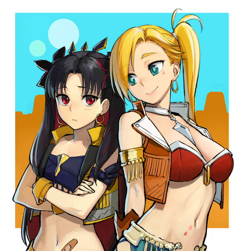 2girls aqua_eyes b_suke bandaid bandeau bikini black_hair blonde_hair border breasts brown_vest calamity_jane_(fate) calamity_jane_(first_ascension)_(fate) colored_inner_hair crossed_arms fate/grand_order fate_(series) highres ishtar_(fate) long_hair looking_at_another medium_breasts multicolored_hair multiple_girls one_side_up open_clothes open_vest red_bikini red_eyes red_hair smile space_ishtar_(fate) space_ishtar_(second_ascension)_(fate) swimsuit two-tone_hair upper_body vest white_border