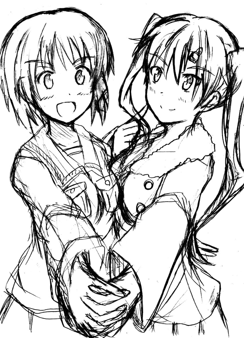 2girls bellwall_military_uniform breasts girls_und_panzer girls_und_panzer_little_army highres holding_hands jacket long_hair meiya monochrome multiple_girls nakasuga_emi nishizumi_miho one-hour_drawing_challenge ooarai_military_uniform short_hair twintails