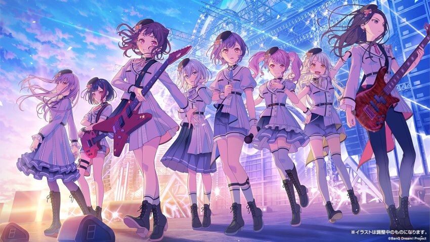 6+girls bang_dream! bang_dream!_it&#039;s_mygo!!!!! black_boots black_hair black_hat black_pants blue_eyes boots brown_eyes closed_mouth commentary_request cone_hair_bun dress earrings electric_guitar floating_hair garter_straps grey_dress grey_hair grey_shorts grey_skirt guitar hair_between_eyes hair_bun hair_ornament hat highres instrument jewelry kneehighs kurata_mashiro long_hair maruyama_aya minato_yukina mini_hat multicolored_hair multiple_girls neck_ribbon necktie official_art open_mouth pants parted_bangs pink_eyes pink_hair pink_necktie pleated_skirt purple_eyes red_hair red_ribbon ribbon short_hair shorts skirt socks standing star_(symbol) star_hair_ornament streaked_hair takamatsu_tomori thighhighs toyama_kasumi tsurumaki_kokoro twintails wakana_rei white_hair white_socks white_thighhighs yellow_eyes