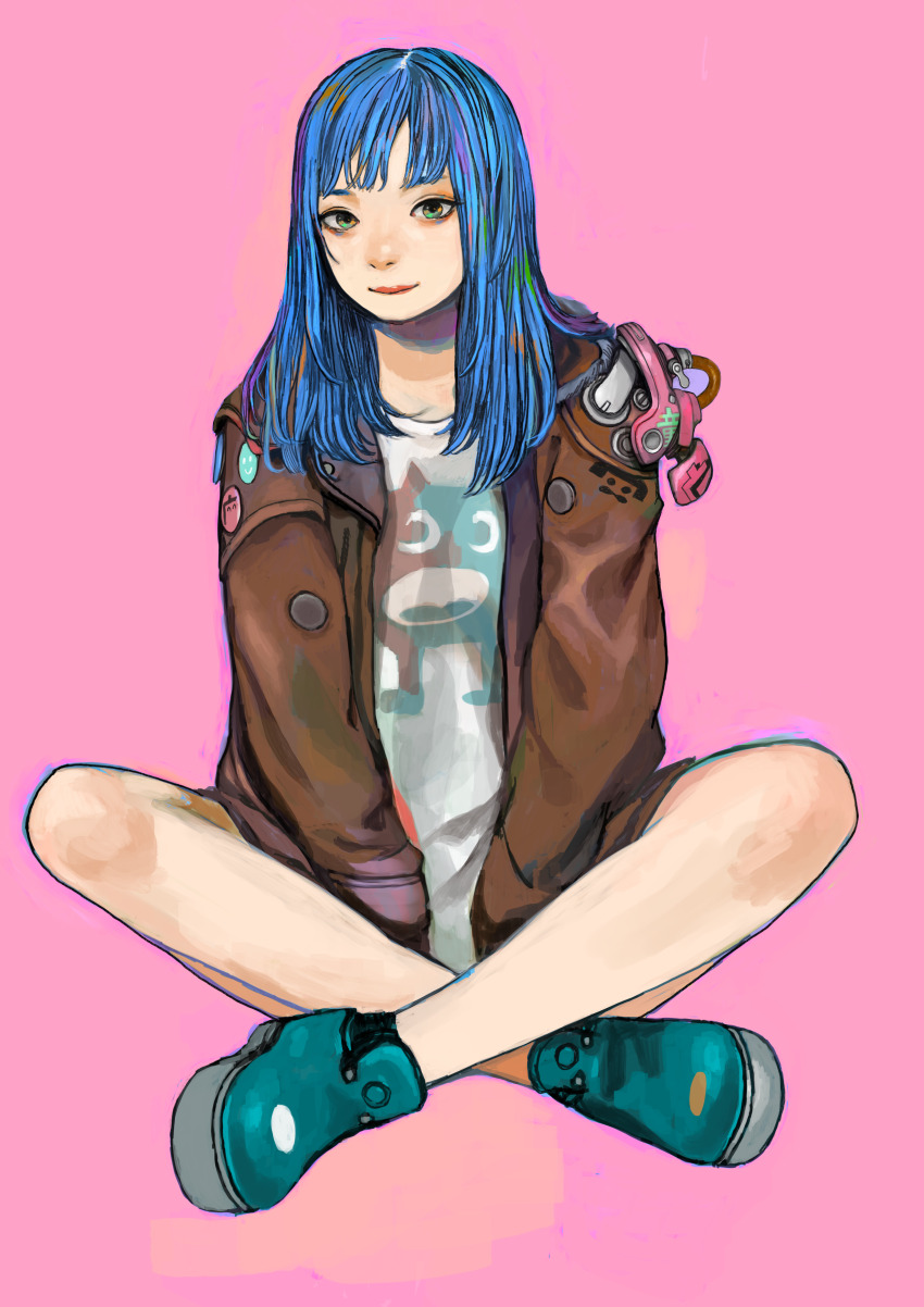 1girl absurdres between_legs blue_hair blue_shoes brown_jacket closed_mouth full_body green_eyes hand_between_legs highres indian_style jacket junjunforever long_hair long_sleeves looking_at_viewer open_clothes open_jacket original pink_background shirt shoes simple_background sitting smile solo white_shirt