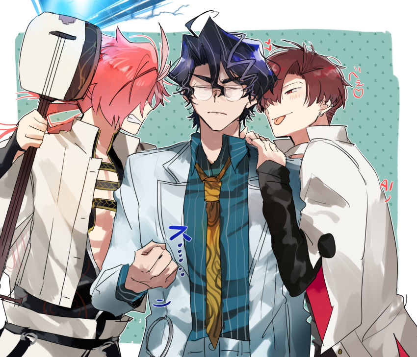 3boys :p ahoge angry annoyed aqua_background belt black_belt black_hair black_kimono black_shirt blue_shirt blush border clenched_hand clenched_teeth closed_eyes closed_mouth coat collared_shirt commentary_request dual_persona earclip earrings electricity eyebrow_cut fate/grand_order fate_(series) frown glasses grey_hair hair_between_eyes hair_over_one_eye hammer hand_up hands_on_another&#039;s_shoulder highres holding holding_hammer jacket japanese_clothes jewelry kimono lapels long_hair long_sleeves looking_at_another male_focus multicolored_hair multiple_boys nagatekkou necktie one_eye_covered open_clothes open_jacket outside_border parted_bangs pectoral_cleavage pectorals pink_hair polka_dot polka_dot_background print_necktie red_eyes red_hair round_eyewear shirt short_hair simple_background smile streaked_hair striped_clothes striped_shirt takasugi_shinsaku_(fate) takasugi_shinsaku_(first_ascension)_(fate) teeth tongue tongue_out v-shaped_eyebrows vertical-striped_clothes vertical-striped_shirt white_border white_coat white_jacket wide_sleeves wing_collar yellow_necktie yoshida_shouin_(fate) yuu_(areruya)