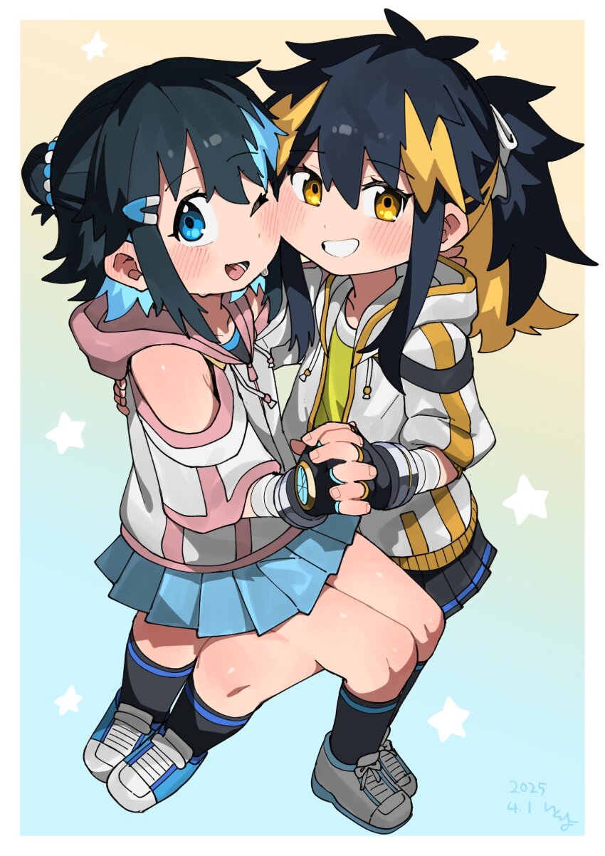 2girls black_hair blonde_hair blue_eyes blue_hair colored_inner_hair genderswap genderswap_(mtf) gradient_background grin highres interlocked_fingers itoriyo long_hair medium_hair messy_hair multicolored_hair multiple_girls nakamura_yuto ponytail raisei_no_ryu_tsukai simple_background smile sorano_minori yellow_eyes