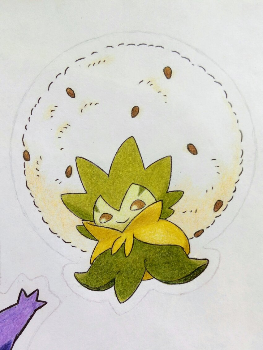 absurdres animal_focus closed_mouth colored_sclera eldegoss gen_8_pokemon happy highres looking_to_the_side mawaifu nintendo no_humans orange_sclera outline pokemon pokemon_(creature) simple_background smile solo traditional_media white_background white_eyes