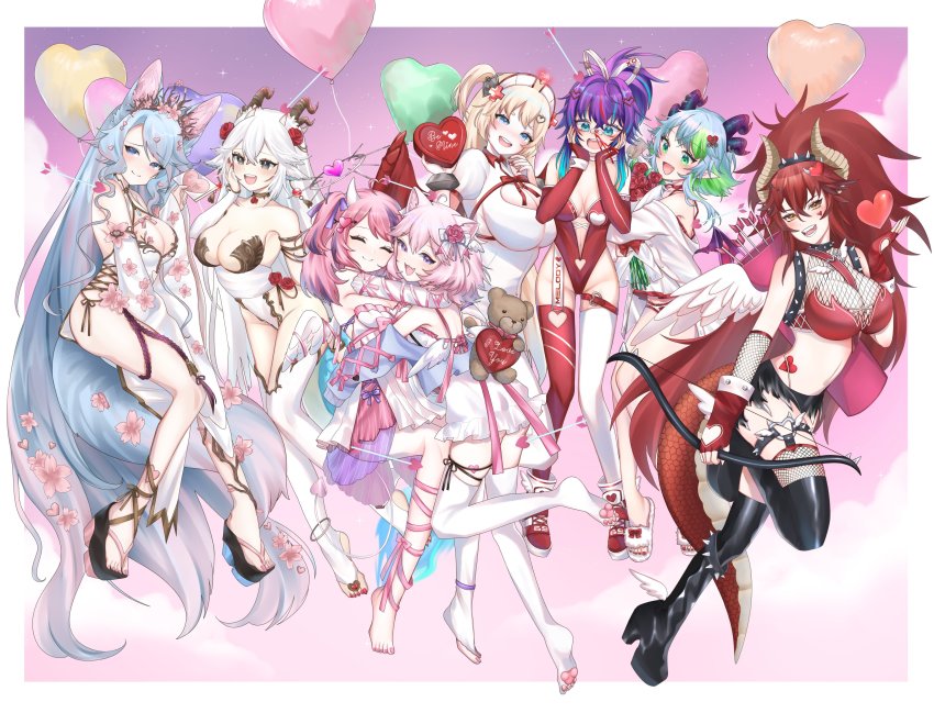 6+girls absurdly_long_hair absurdres angel_wings animal_ears aqua_hair asymmetrical_legwear balloon black_thighhighs blonde_hair blue_eyes blue_hair bow_(weapon) breasts apricot_the_lich cherry_blossoms cleavage collar demon_horns detached_sleeves dragon_girl dragon_horns flower green_eyes green_hair hair_flower hair_ornament hat heart heart_hair_ornament highres hime_hajime holding holding_bow_(weapon) holding_weapon horns ironmouse ironmouse_(fallen_angel) leotard light_blue_hair long_hair long_sleeves looking_at_viewer melody_(projektmelody) multiple_girls multiple_horns nail_polish nurse nurse_cap nyatasha_nyanners off_shoulder official_art pink_hair purple_eyes purple_hair rainnsu red_hair red_legwear red_leotard short_hair short_hair_with_long_locks silvervale silvervale_(sakura_goddess) spiked_collar spikes stuffed_animal stuffed_toy tail teddy_bear thighhighs twintails vei_(vtuber) vei_(vtuber)_(sky_empress) very_long_hair virtual_youtuber vshojo weapon white_hair white_horns white_legwear winged_footwear wings wolf_ears wolf_girl wolf_tail zentreya zentreya_(dragon)