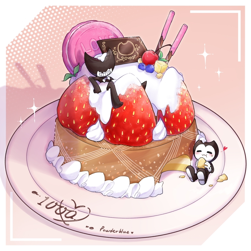 2boys :3 :d ^_^ ankle_boots artist_name bendy bendy_and_the_ink_machine black_boots blueberry boots bow bowtie brown_background cake candy cherry chinese_commentary chocolate chocolate_bar chocolate_syrup closed_eyes closed_mouth commentary commentary_request demon dual_persona eating english_commentary food fruit full_body gloves grin halftone halftone_background heart highres holding holding_food horns leaf macaron mini_person miniboy mixed-language_commentary multiple_boys open_mouth plate pocky powderblue_lan shadow simple_background sitting smile sparkle strawberry traditional_bowtie whipped_cream white_bow white_bowtie white_gloves