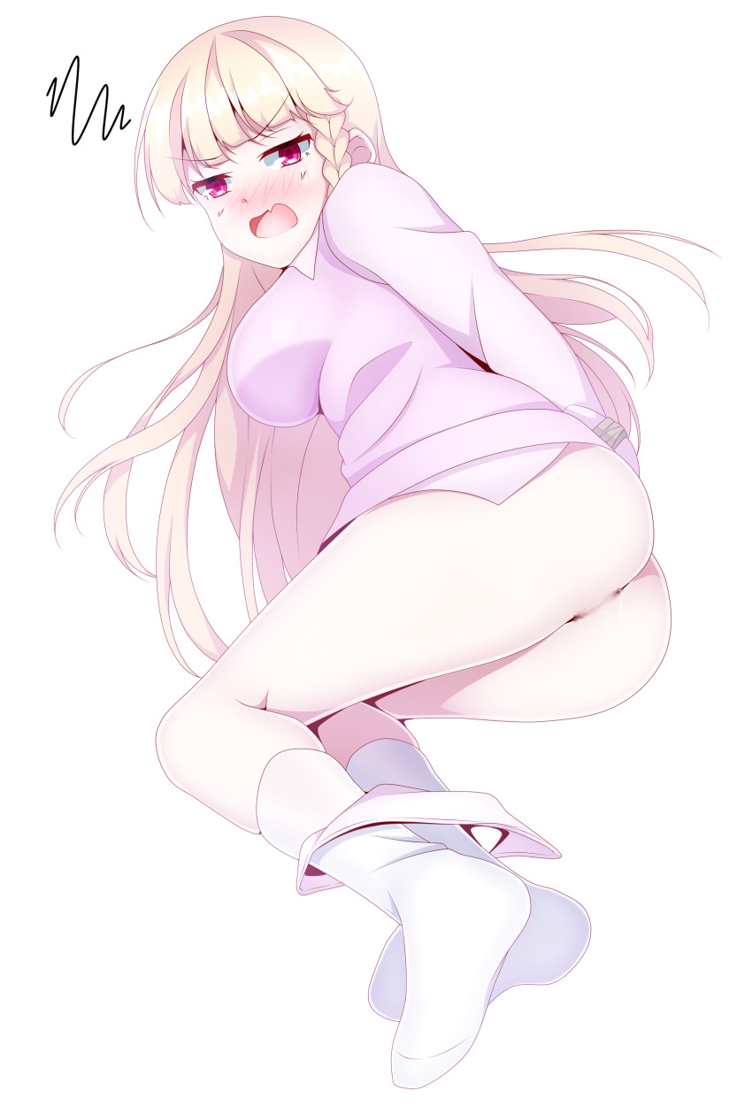 1girl absurdres blonde_hair blush breasts clothes_lift commission feet highres hip large_breasts long_hair maplestory pussy red_eyes tkfkd780