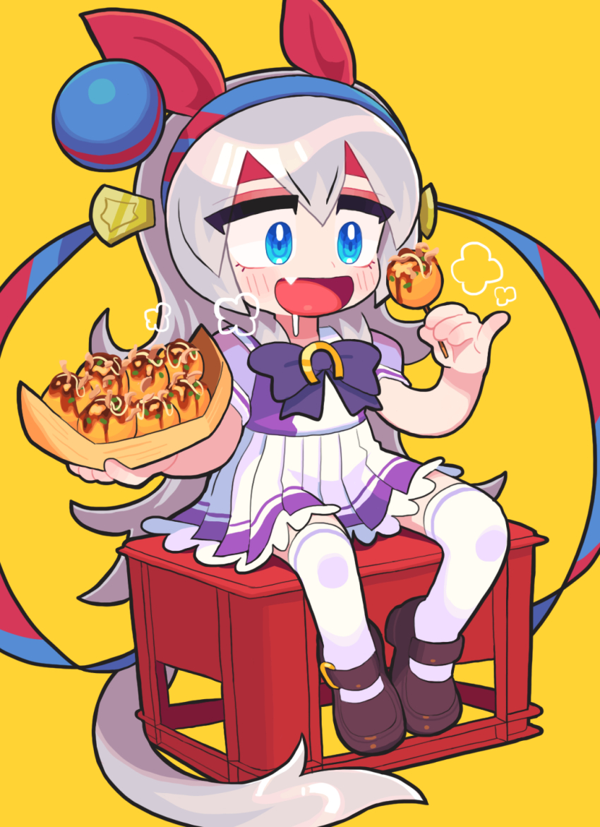 1girl animal_ears blue_eyes blue_hairband bow bowtie brown_shoes commentary dress ear_covers food full_body gashi-gashi grey_hair hairband highres holding holding_food horse_ears horse_girl horse_tail horseshoe_ornament long_hair miniskirt open_mouth over-kneehighs pleated_dress pleated_skirt puffy_short_sleeves puffy_sleeves purple_shirt sailor_collar sailor_shirt school_uniform shirt shoes short_sleeves simple_background sitting skirt smile solo summer_uniform symbol-only_commentary tail takoyaki tamamo_cross_(umamusume) thighhighs tracen_school_uniform umamusume very_long_hair white_skirt white_thighhighs yellow_background