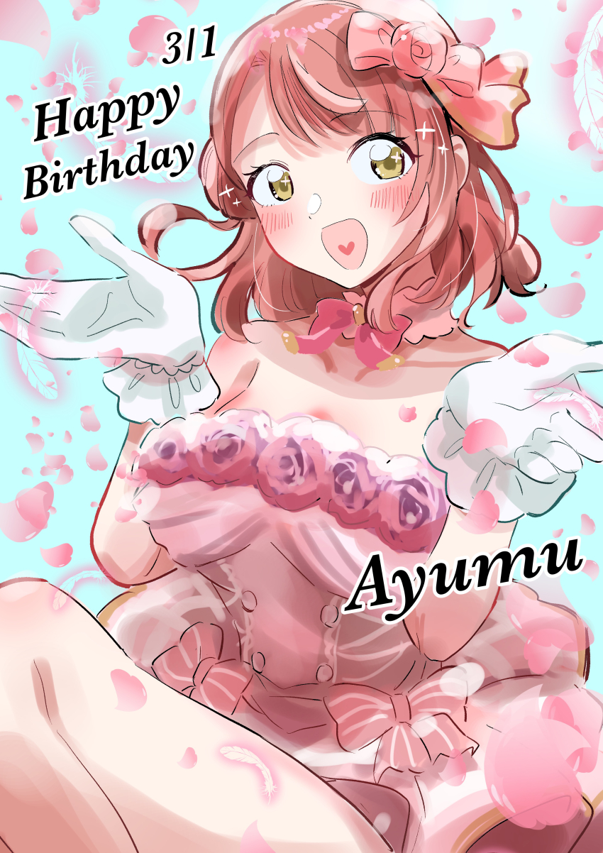 1girl :d absurdres bare_shoulders blue_background blunt_bangs bow breasts character_name collarbone commentary_request dated dress erako9 falling_petals feet_out_of_frame frilled_gloves frills gloves hair_bow hair_bun half_updo happy_birthday heart heart_in_mouth highres large_breasts looking_at_viewer love_live! love_live!_nijigasaki_high_school_idol_club medium_hair official_alternate_costume open_mouth petals pink_bow pink_dress pink_hair pink_petals single_side_bun smile solo strapless strapless_dress swept_bangs uehara_ayumu white_gloves yellow_eyes yume_e_no_ippo
