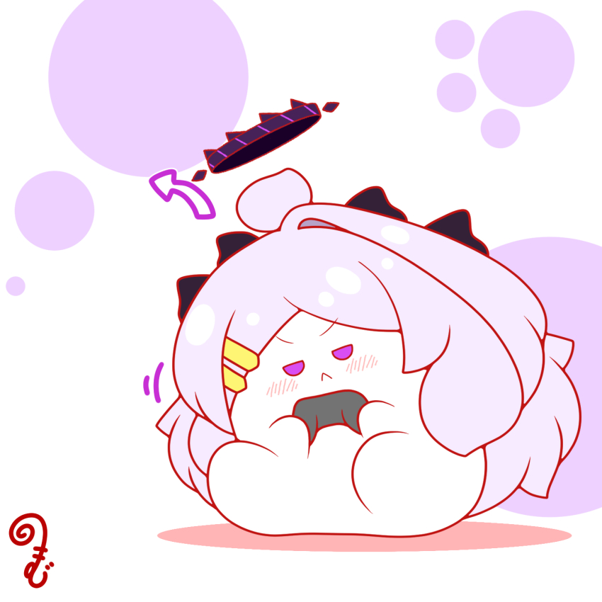 :&lt; ahoge arrow_(symbol) blue_archive blush chibi closed_mouth colored_shadow controller game_controller grey_hair hair_ornament hairclip halo highres hina_(blue_archive) holding horns kurukurumagical leaning_to_the_side long_hair parted_bangs purple_eyes shadow single_hair_intake sitting solo v-shaped_eyebrows very_long_hair white_background