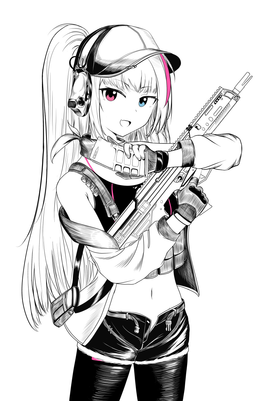 1girl absurdres assault_rifle belt blue_eyes commentary_request cowboy_shot desert_tech_mdr ear_protection f4_u girls&#039;_frontline gloves gun hat highres holding holding_gun holding_magazine_(weapon) holding_weapon long_hair looking_at_viewer magazine_(weapon) mdr_(ddos_attack_force)_(girls&#039;_frontline) mdr_(girls&#039;_frontline) multicolored_hair navel official_alternate_costume open_mouth pants pink_hair ponytail rifle russian_commentary simple_background smile solo spot_color stomach streaked_hair weapon white_background