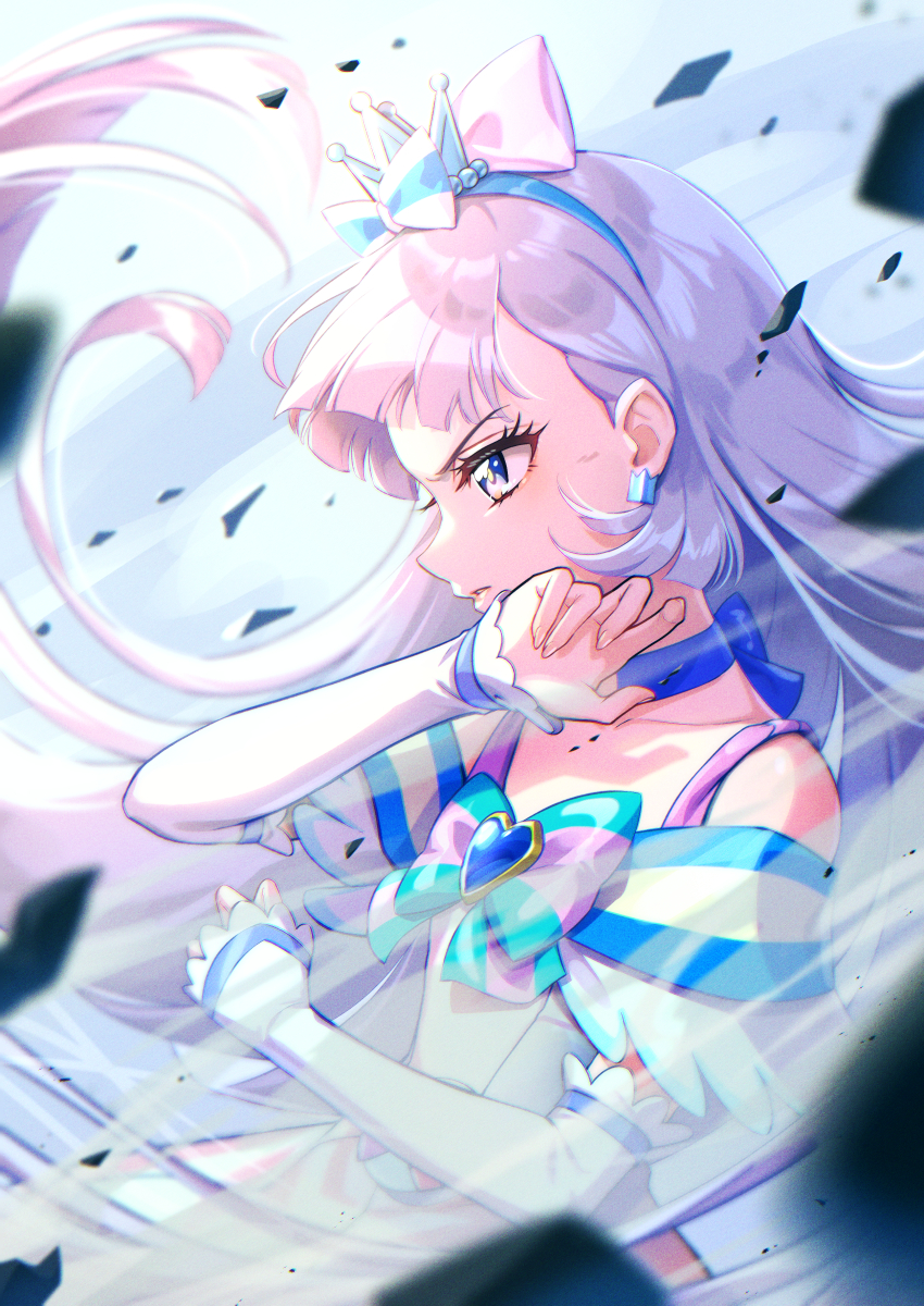 1girl absurdres aqua_bow aqua_bowtie blue_choker blue_crown blue_eyes blue_hairband bow bowtie brooch choker closed_mouth commentary_request crown crown_earrings cure_nyammy dress earrings from_side frown gloves hair_bow hairband half_gloves heart heart_brooch highres jewelry long_hair looking_to_the_side magical_girl mini_crown nekoyashiki_yuki off-shoulder_dress off_shoulder partial_commentary pink_bow pointed_crown precure rice_rabbit22 solo standing straight_hair white_dress white_gloves white_hair wind wonderful_precure!