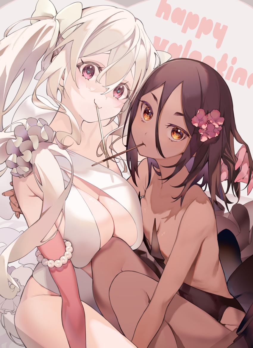 2girls absurdres amana_(pocketkey) armpit_crease bikini bow breasts brown_hair dark-skinned_female dark_skin elbow_gloves eyelashes fingernails food food_in_mouth gem gloves hair_between_eyes happy_valentine highres large_breasts long_hair looking_at_viewer multiple_girls orange_eyes original pearl_(gemstone) pocky pocky_in_mouth red_eyes sidelocks sitting small_breasts swimsuit white_bow white_hair
