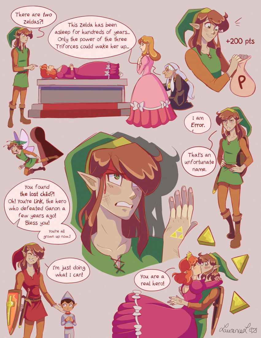 2boys 3girls absurdres ancestor_and_descendant birthmark blood blue_eyes breast_press breasts brown_hair closed_eyes comic crown dress elf error_(legend_of_zelda) fairy fairy_wings flying hand_on_own_hip hat highres hug impa injury keyhole kiss link magic mark_on_hand multiple_boys multiple_girls nintendo old old_woman pink_dress pointy_ears princess_zelda red_hair sack shadow_link shield sidelocks sleeping smile speech_bubble spell surprised sword talking the_legend_of_zelda tiara triforce tunic weapon white_hair wings zelda_ii:_the_adventure_of_link