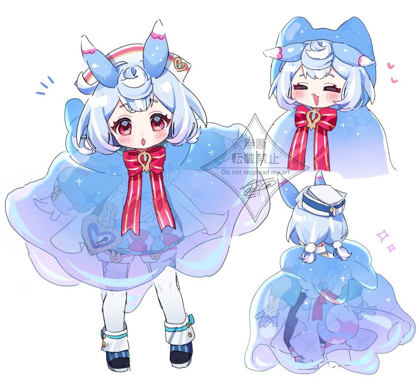 1girl :d :o ^_^ animal_ears animal_hood apron aqua_bow aqua_shirt artist_name black_shoes black_shorts blue_coat blue_hair blush bow bowtie brooch closed_eyes coat commentary_request crossed_bangs eyelashes facing_away from_behind genshin_impact gloves gradient_hair hair_ornament hat heart highres hood hood_down hood_up hooded_coat jewelry long_sleeves looking_at_viewer low_twintails meda_cha medium_hair multicolored_hair multiple_views notice_lines nurse_cap open_mouth pantyhose pink_bow pom_pom_(clothes) pom_pom_hair_ornament puffy_long_sleeves puffy_sleeves purple_hair raincoat red_bow red_bowtie red_eyes red_ribbon ribbon see-through_clothes see-through_coat shirt shoes short_shorts shorts sidelocks sigewinne_(genshin_impact) signature simple_background smile sparkle tail twintails vision_(genshin_impact) watermark white_apron white_background white_gloves white_hat white_pantyhose