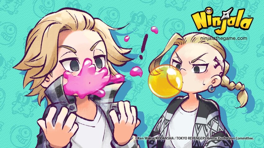 ! 2boys aqua_background artist_name blonde_hair blowing_bubble_gum braid braided_ponytail character_background chewing_gum commentary company_name copyright_name copyright_notice crossover dragon_tattoo earrings english_commentary grey_eyes gumchi gungho hair_slicked_back halftone head_tattoo high_collar highres jacket jewelry logo medium_hair multiple_boys ninjala official_art open_clothes open_shirt orange_outline outline pink_outline plaid_clothes plaid_shirt polka_dot polka_dot_background popped_collar print_jacket purple_outline rianti-wong ryuuguuji_ken sano_manjirou second-party_source shirt shuriken single_earring t-shirt tattoo tokyo_revengers v-shaped_eyebrows watermark weapon web_address white_shirt