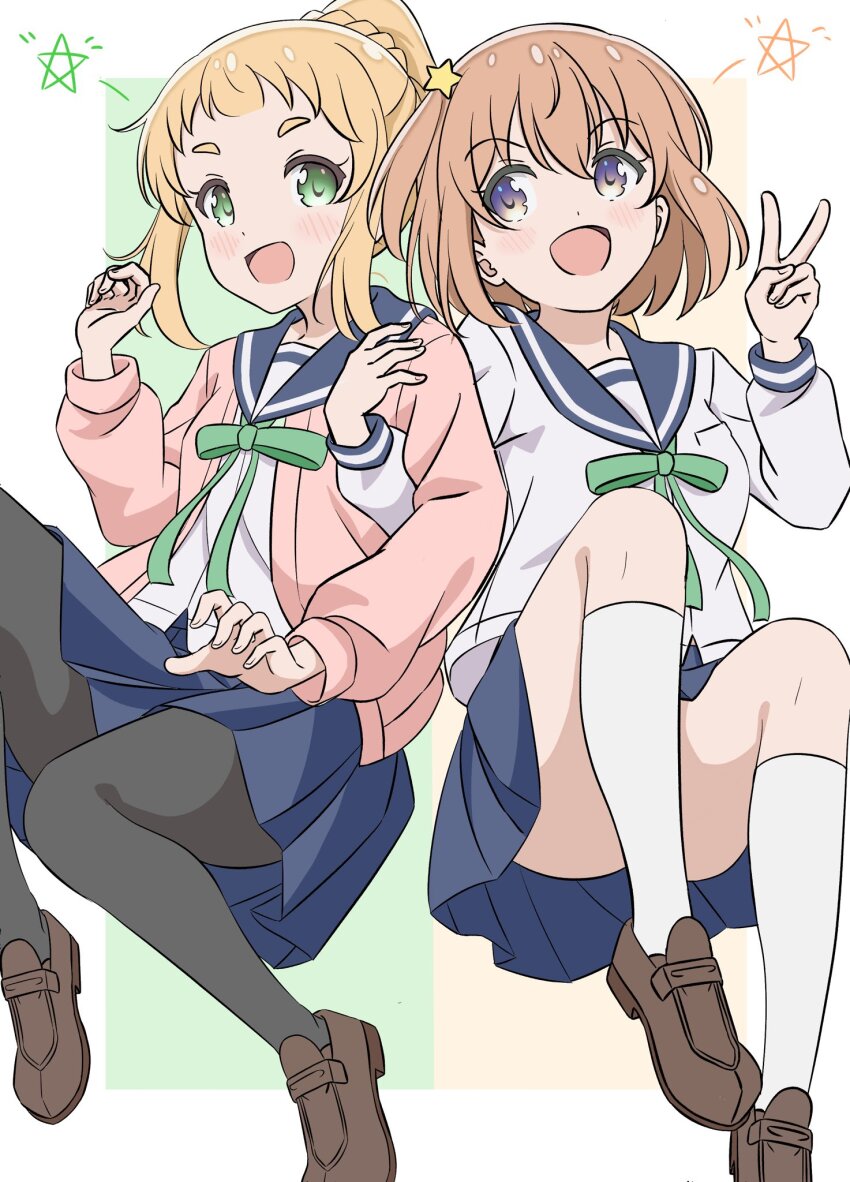2girls ass black_pantyhose blonde_hair blue_sailor_collar blue_skirt convenient_censoring dot_nose female_focus green_eyes hair_between_eyes hair_ornament highres inose_mai koisuru_asteroid konohata_mira legs long_hair long_sleeves looking_at_viewer multicolored_eyes multiple_girls open_clothes open_mouth open_sweater orange_hair pantyhose pink_sweater ponytail qb_(qb46311027) ribbon sailor_collar school_uniform serafuku shirt shoes short_hair skirt socks star_(symbol) star_hair_ornament sweater thighs v white_shirt white_socks