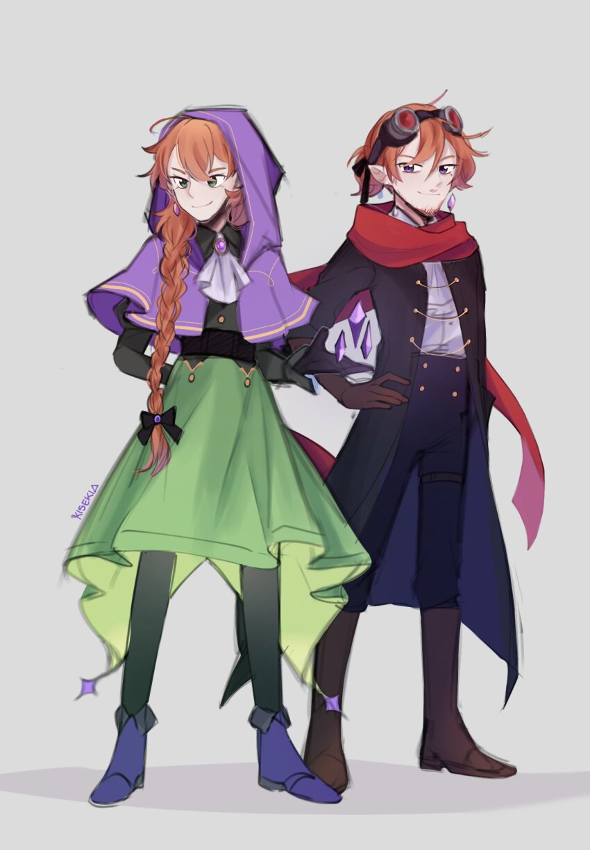 1boy 1girl animification beard bow braid brother_and_sister cloak crystal_wings empires_smp facial_hair fwhip fwhip_(count) geminitay geminitay_(wizard) goggles goggles_on_head grey_background hair_bow hand_on_own_hip highres hood hood_up kisekiii_25 long_hair minecraft_youtube orange_hair pants pointy_ears scarf siblings twins wings