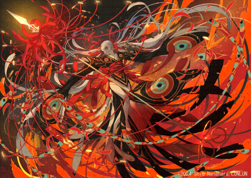 1girl 2024 absurdly_long_hair artist_name clip_studio_paint_(medium) eyeshadow floating flower flower_focus flower_in_mouth gloves grey_gloves holding holding_polearm holding_weapon japanese_clothes kimono long_hair looking_to_the_side makeup multicolored_kimono nanahara_shie original polearm red_eyeshadow socks solo spear spider_lily tabi twintails very_long_hair weapon white_hair white_socks wide_shot wide_sleeves