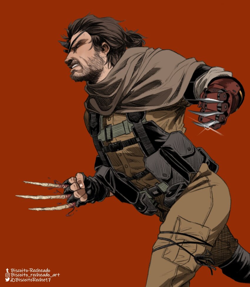 1boy asymmetrical_gloves beard biscoito_reche boots brown_hair claw_(weapon) combat_boots cosplay eyepatch facial_hair gloves gun highres marvel mechanical_arms metal_gear_(series) metal_gear_solid_v:_the_phantom_pain midair mismatched_gloves prosthesis prosthetic_arm red_background rifle running venom_snake venom_snake_(cosplay) weapon wolverine_(x-men) x-men