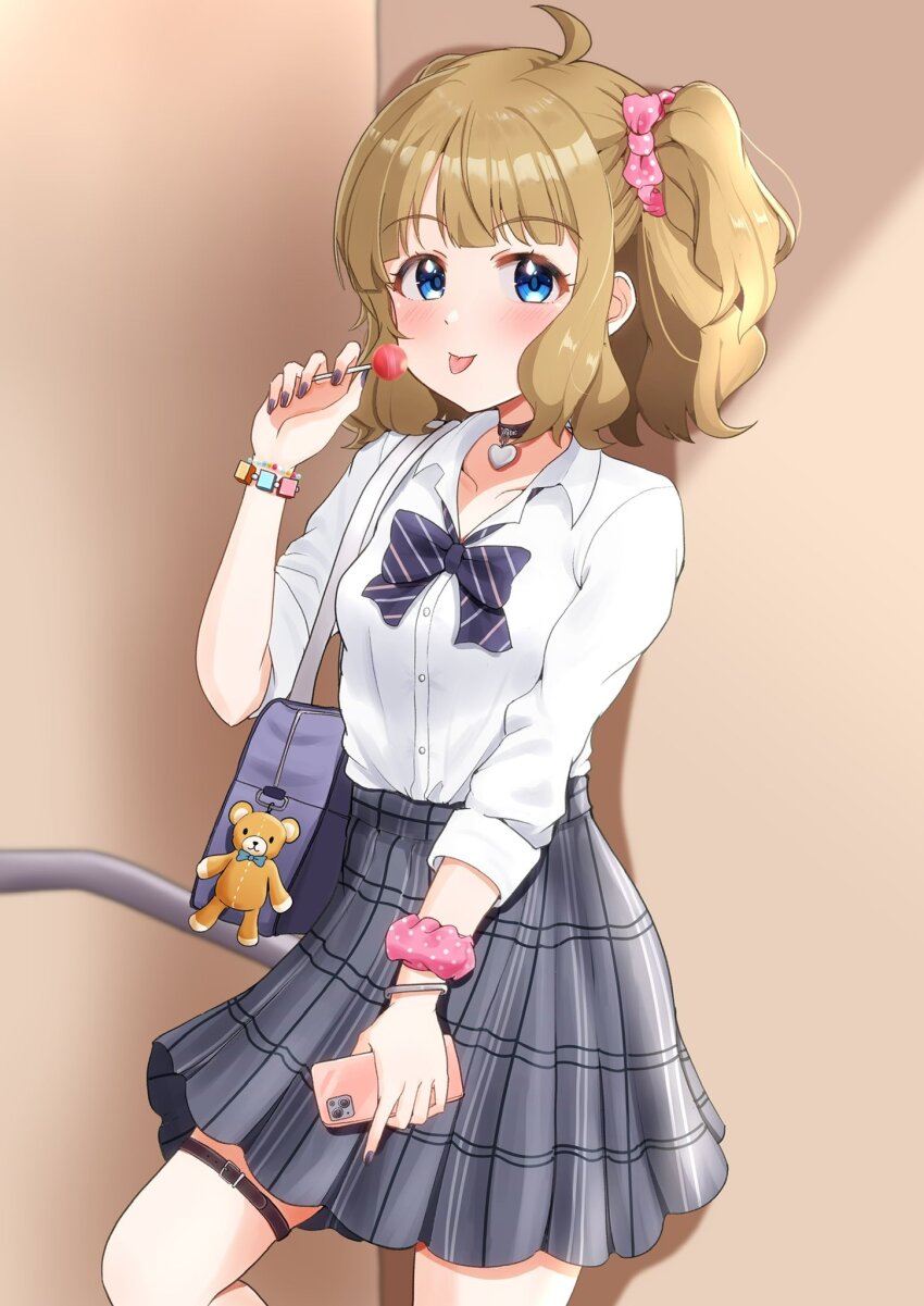 1girl ahoge black_choker blue_bow blue_bowtie blue_eyes blush bow bowtie bracelet breasts brown_hair buttons candy cellphone checkered_clothes checkered_skirt choker chupa_chups collarbone commentary_request concept_gyarus_(idolmaster) food grey_bag grey_skirt hand_up heart heart_choker highres holding holding_candy holding_food holding_phone idolmaster idolmaster_million_live! idolmaster_million_live!_theater_days indoors jewelry lollipop long_sleeves looking_at_viewer medium_hair official_alternate_costume open_collar phone pink_scrunchie scrunchie shirt sidelocks skirt small_breasts smartphone smile solo striped_bow striped_bowtie striped_clothes suou_momoko tanukiinu005 thigh_strap thighs tongue tongue_out twintails wavy_hair white_shirt wrist_scrunchie