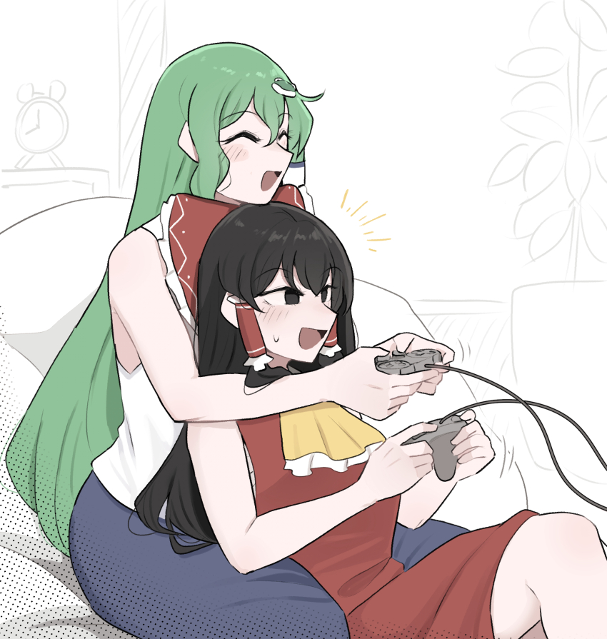 2girls ascot bare_shoulders black_eyes black_hair blue_skirt blush bow commentary controller frog_hair_ornament game_controller green_hair hair_ornament hair_tubes hakurei_reimu highres holding holding_controller holding_game_controller indoors kochiya_sanae long_hair mata_(matasoup) multiple_girls open_mouth playing_games red_bow red_shirt red_skirt shirt single_hair_tube sitting sitting_between_lap skirt sleeveless sleeveless_shirt smile touhou white_shirt yellow_ascot