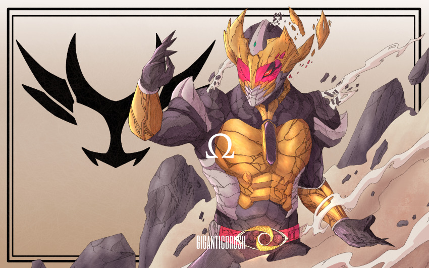 1boy absurdres agito_(ground_form) altering_(agito) armor black_bodysuit bodysuit broken_armor broken_horn commentary fighting_stance fingernails giganticbrush gold_armor gold_horns highres horns kamen_rider kamen_rider_agito kamen_rider_agito_(series) open_hand rider_belt sharp_fingernails solo stag_beetle tokusatsu tree weapon