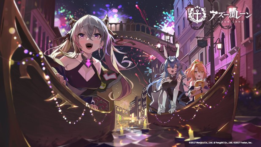 3girls artist_request azur_lane bare_shoulders blue_hair breasts bridge candle cleavage cleavage_cutout clothing_cutout elbow_gloves closed_eyes fireworks gloves gondola grey_hair hair_between_eyes headgear holding holding_toy large_breasts loading_screen long_hair morrison_(azur_lane) multicolored_hair multiple_girls new_jersey_(azur_lane) official_art open_mouth orange_hair outdoors pink_hair purple_eyes san_francisco_(azur_lane) sleeveless streaked_hair stuffed_toy taut_clothes teeth tongue toy two-tone_hair upper_teeth_only venice white_gloves