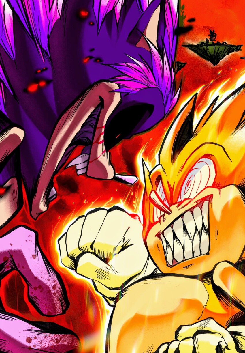 2boys black_sclera blood blood_on_hands bloody_tears colored_sclera crying crying_with_eyes_open crystal fangs fighting fleetway_super_sonic gloves highres im_lazy_sheck_lol multiple_boys open_mouth sharp_teeth smile sonic.exe sonic:_execution_(comic) sonic_(series) sonic_the_comic sonic_the_hedgehog super_sonic tears teeth white_gloves xenophanes_(sonic.exe)