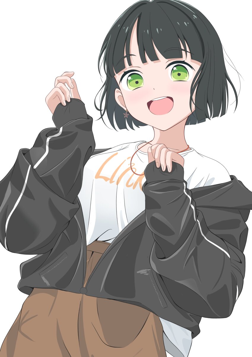 1girl :d absurdres alternate_costume black_hair black_jacket blunt_bangs blunt_ends breasts casual clothes_writing collarbone commentary cowboy_shot earrings flower_earrings green_eyes grey_skirt highres jacket jewelry link!_like!_love_live! long_sleeves loose_clothes loose_shirt love_live! medium_breasts momose_ginko morio_(mmorio_mu) off_shoulder open_clothes open_jacket open_mouth shirt shirt_partially_tucked_in short_hair simple_background skirt smile solo t-shirt teeth upper_teeth_only virtual_youtuber white_background white_shirt