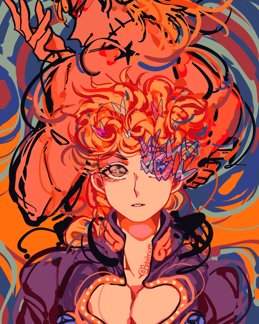 2boys absurdres arbitrium artist_name birthmark blonde_hair dio_brando father_and_son giorno_giovanna highres joestar_birthmark jojo_no_kimyou_na_bouken male_focus multiple_boys muscular red_eyes stitched_neck stitches vento_aureo