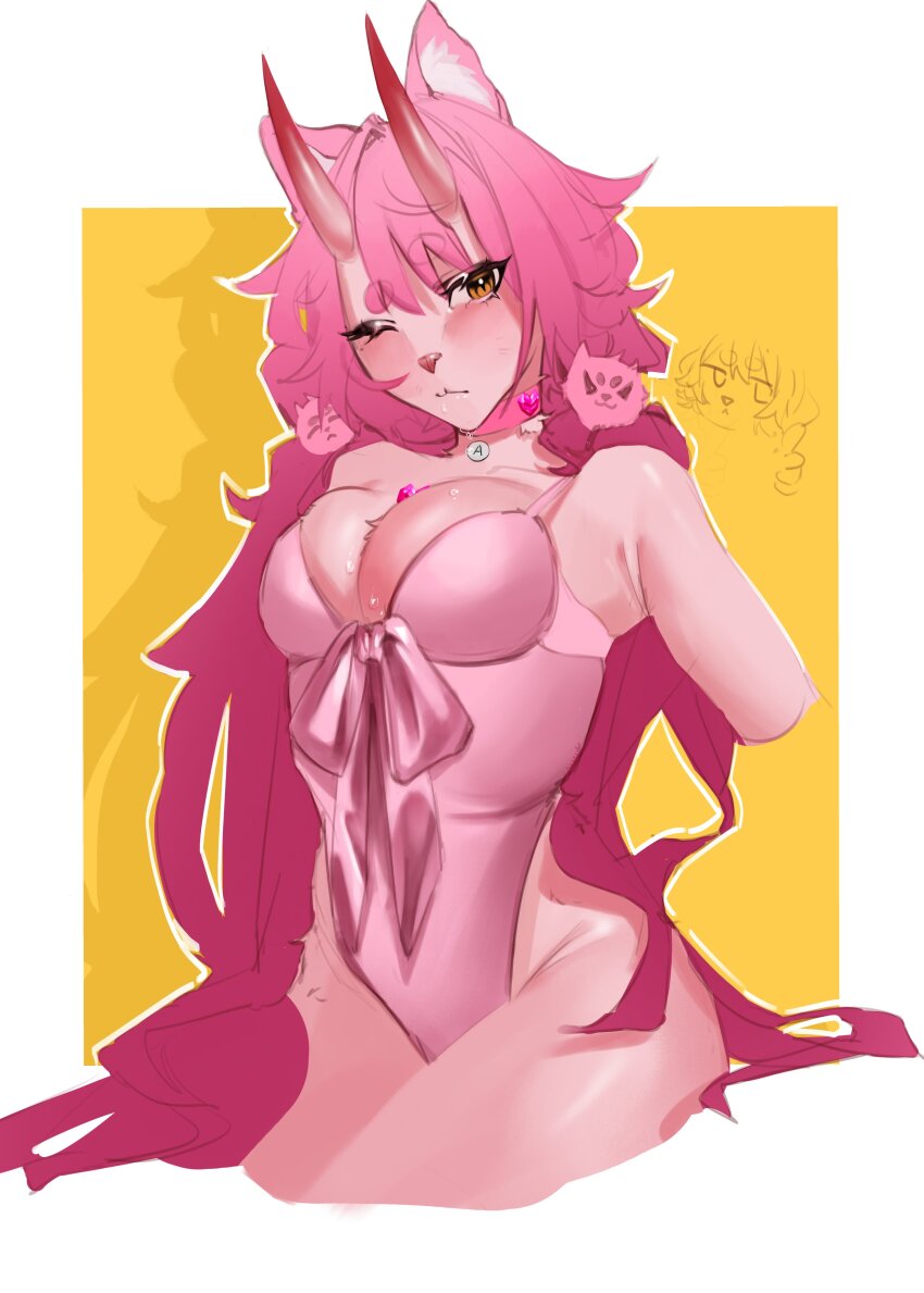 1girl absurdres animal_ears breasts cat cat_ears choker furry furry_female heart heterochromia highres horns large_breasts long_hair original pink_hair sewwuu sewwuu_(character) sweat