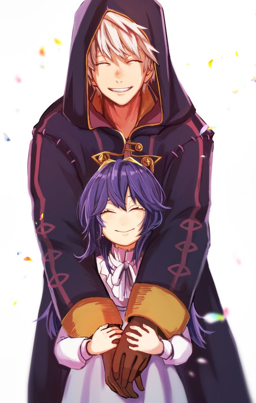 1boy 1girl ^_^ absurdres aged_down brown_gloves closed_eyes eyes_of_grima fire_emblem fire_emblem_awakening gloves highres hood hood_up hoshigaki_(hsa16g) long_hair long_sleeves lucina_(fire_emblem) male_robin_(fire_emblem) neck_ribbon nintendo ribbon short_hair smile teeth white_background white_hair