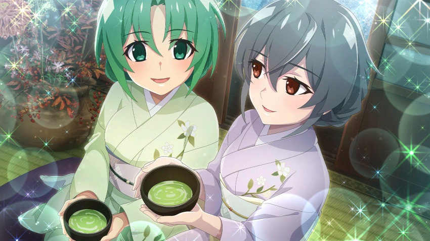 2girls brown_eyes cup cushion floral_print floral_print_kimono game_cg green_eyes green_hair green_kimono green_tea grey_hair hair_between_eyes hair_up highres higurashi_no_naku_koro_ni higurashi_no_naku_koro_ni_mei holding holding_cup japanese_clothes kimiyoshi_kazuho kimono lens_flare long_sleeves looking_at_another multiple_girls non-web_source obi official_alternate_hairstyle official_art open_mouth plant potted_plant print_kimono sash short_hair sitting smile sonozaki_mion sparkle tabi tatami tea tea_ceremony wide_sleeves yunomi zabuton