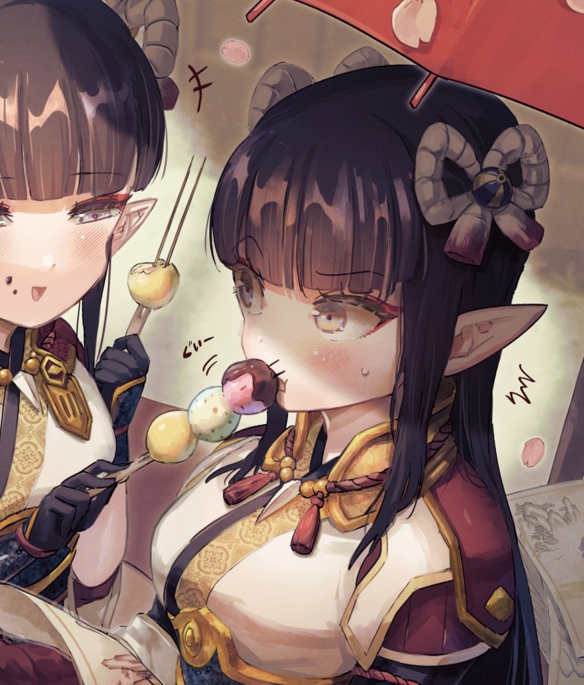 2girls black_gloves black_hair blunt_bangs blush breasts dango food gloves hair_ornament highres hinoa japanese_clothes korokoro_daigorou long_hair long_sleeves medium_breasts minoto monster_hunter_(series) monster_hunter_rise multiple_girls pointy_ears siblings simple_background sisters smile stick twins very_long_hair wagashi yellow_eyes