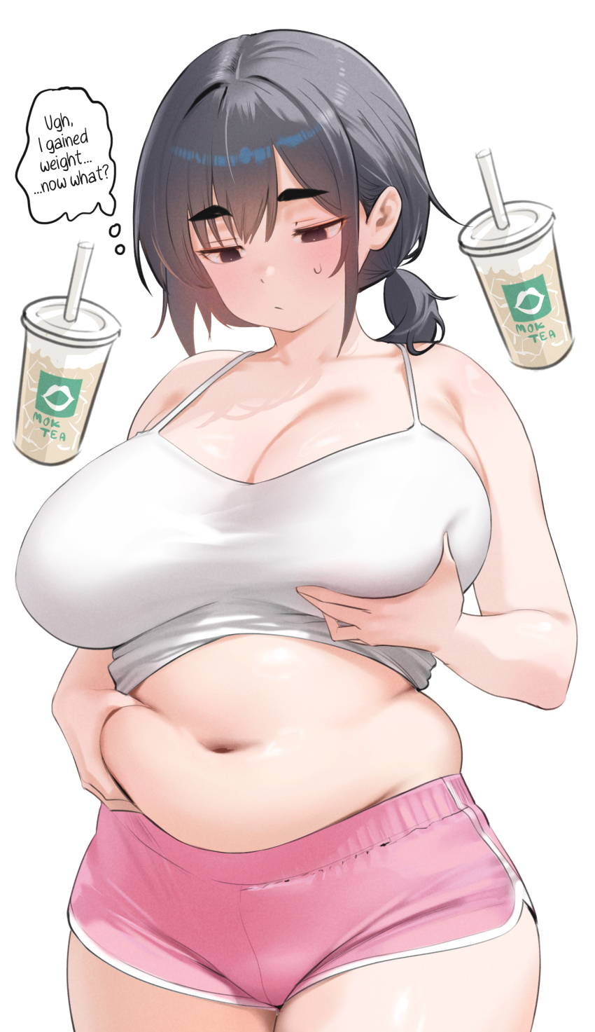 1girl absurdres belly_grab black_eyes black_hair breast_lift breasts camisole cleavage clothes_lift cup disposable_cup english_text highres judies large_breasts looking_down midriff_peek navel original pink_shorts plump ponytail shirt shirt_lift short_hair short_ponytail short_shorts shorts solo standing sweat thick_eyebrows weight_conscious white_background white_shirt