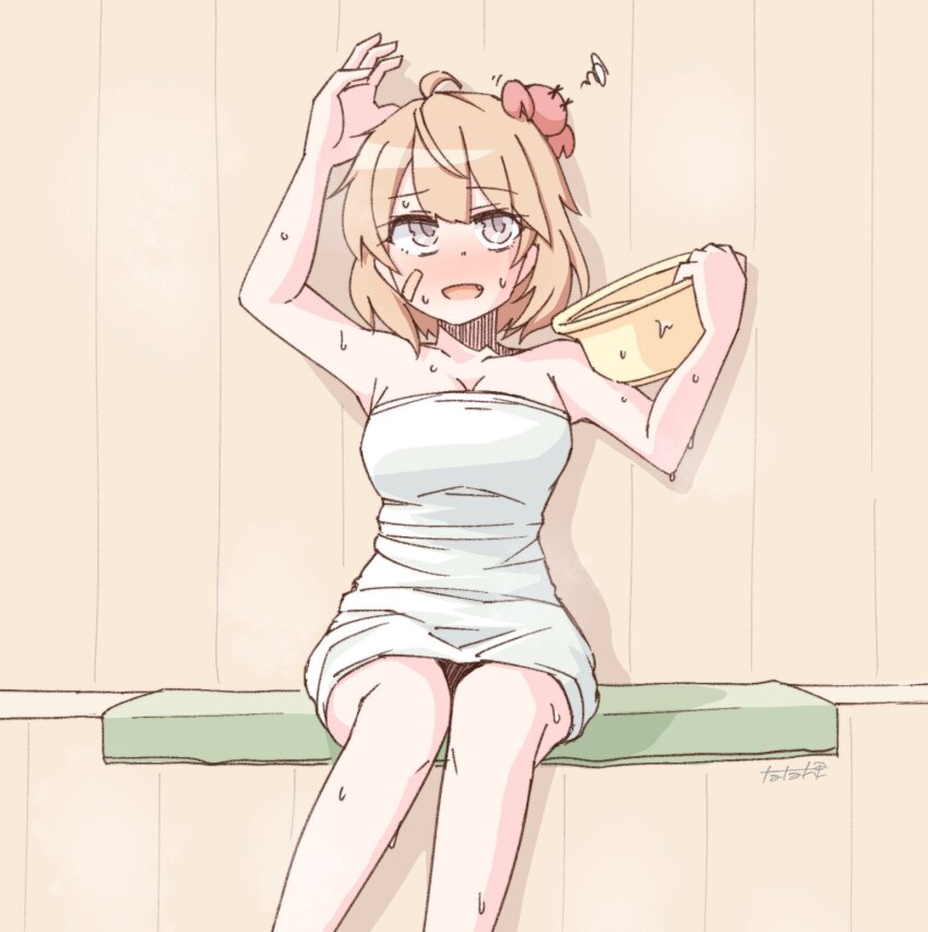 1girl ahoge animal animal_on_head bandaid bandaid_on_face basin breasts brown_hair cleavage commentary crab crab_on_head feet_out_of_frame grey_eyes highres kantai_collection medium_breasts naked_towel oboro_(kancolle) on_head short_hair smile solo sweat symbol-only_commentary tatahai towel