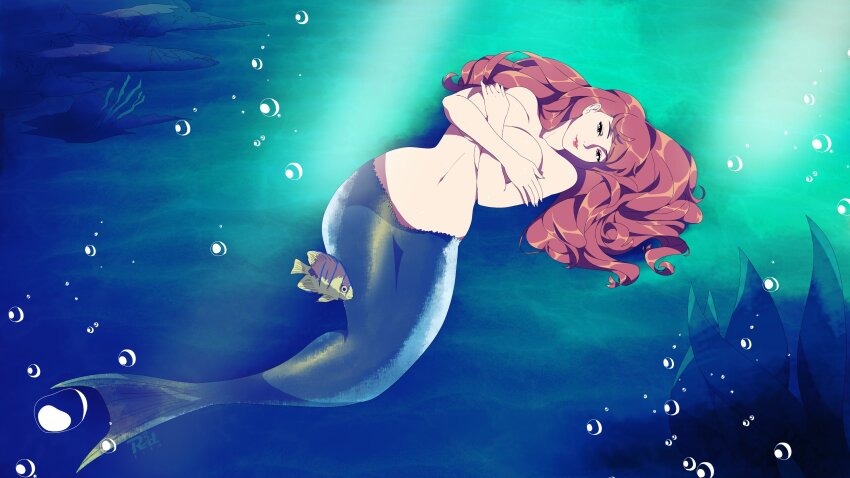 1girl absurdres breasts brown_hair bubble covering_nipples covering_privates dead_or_alive dead_or_alive_4 fish highres kasumi_(doa) large_breasts long_hair mermaid monster_girl r3dfive topless_female underwater wide_hips