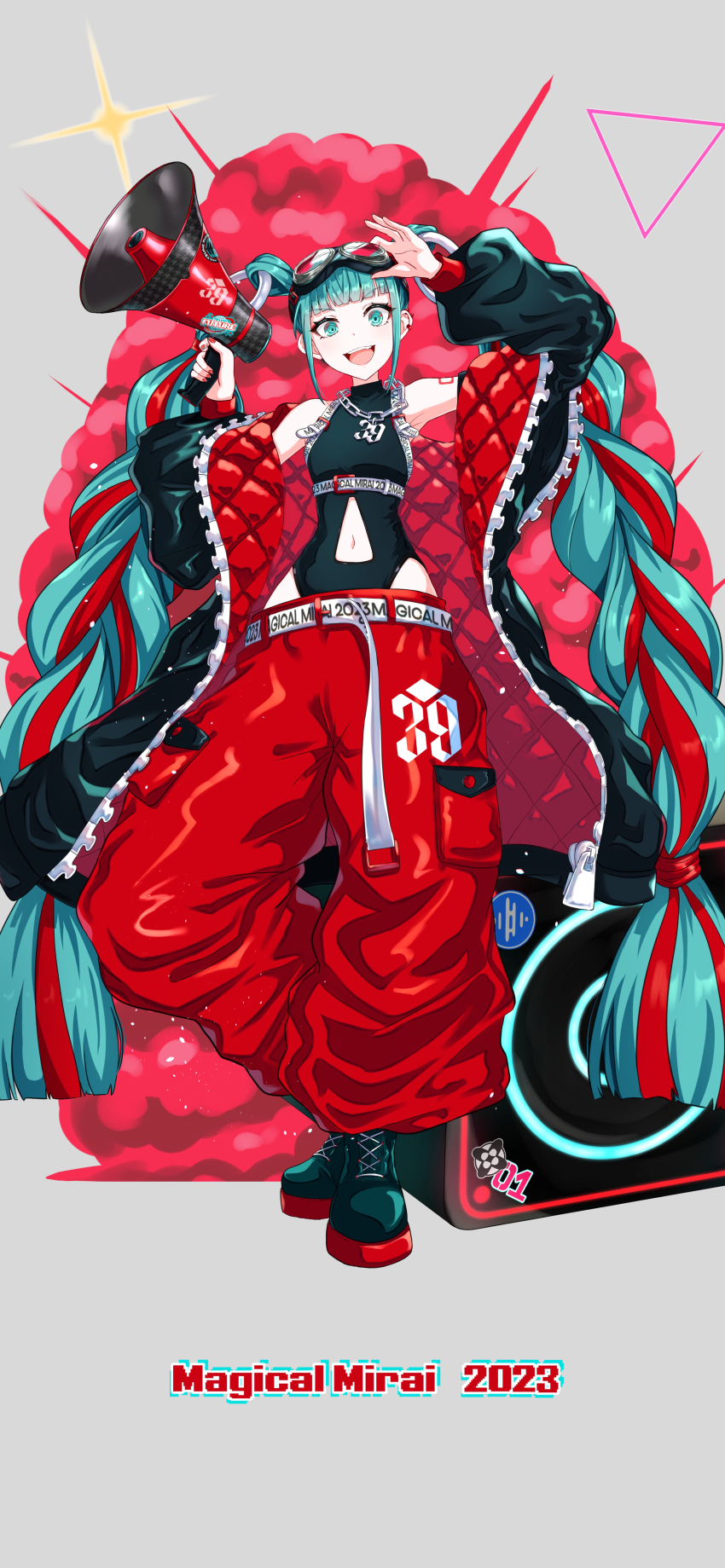 1girl 39 :d absurdres audio_jack baggy_pants bare_shoulders black_boots black_leotard blue_eyes blue_hair blunt_bangs boots clothing_cutout copyright_name dot_nose full_body goggles goggles_on_head hand_on_goggles hand_up hatsune_miku highleg highleg_leotard highres holding holding_megaphone itogari lace-up_boots leotard long_hair looking_at_viewer magical_mirai_(vocaloid) magical_mirai_miku magical_mirai_miku_(2023) megaphone multicolored_hair navel navel_cutout number_tattoo open_mouth pants red_hair red_pants sidelocks simple_background smile solo sparkle speaker tattoo twintails two-tone_hair very_long_hair vocaloid white_background