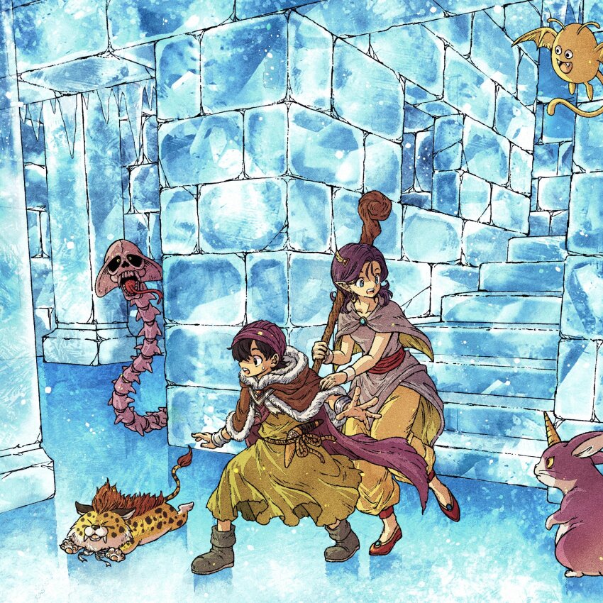1boy 1girl ankle_boots baggy_pants bella_(dq5) black_eyes black_hair blue_eyes bona_constrictor boomerang boots borongo bracelet bunicorn cape capelet cloak dracky dragon_quest dragon_quest_v earrings great_sabrecub green_tunic grey_capelet hero_(dq5) highres holding holding_staff ice ice_castle jewelry medium_hair monster open_mouth pants pointy_ears purple_cloak purple_hair purple_turban rabbit sabertooth_cat snake staff toriga tunic turban yellow_pants