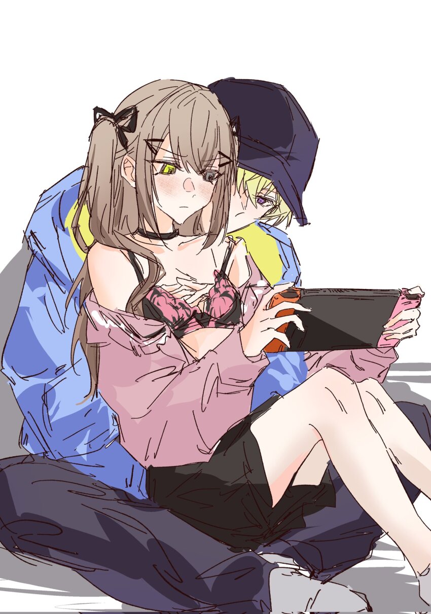 1boy 1girl alban_knox baseball_cap black_choker black_pants black_ribbon black_skirt blue_jacket bra brown_hair choker crossed_bangs crossed_legs flat_chest genderswap genderswap_(mtf) green_eyes grey_eyes groping hair_ornament hair_ribbon hat height_difference hetero heterochromia highres jacket long_hair manajiricyan nijisanji nijisanji_en nintendo_switch pants pink_jacket ribbon sidelocks sitting sitting_on_lap sitting_on_person sketch skirt socks sonny_brisko sonny_brisko_(2nd_costume) streetwear twintails underwear white_socks x_hair_ornament